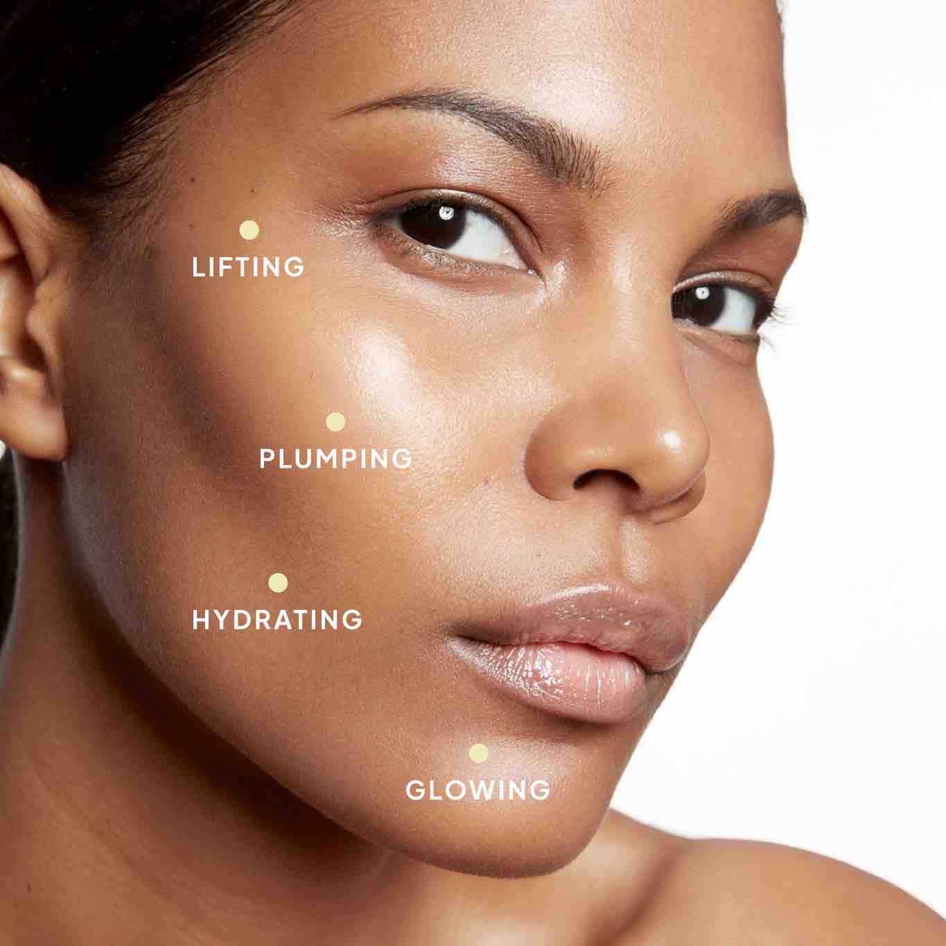 Close-up of a woman's face with skincare benefits labeled: lifting, plumping, hydrating, glowing.
