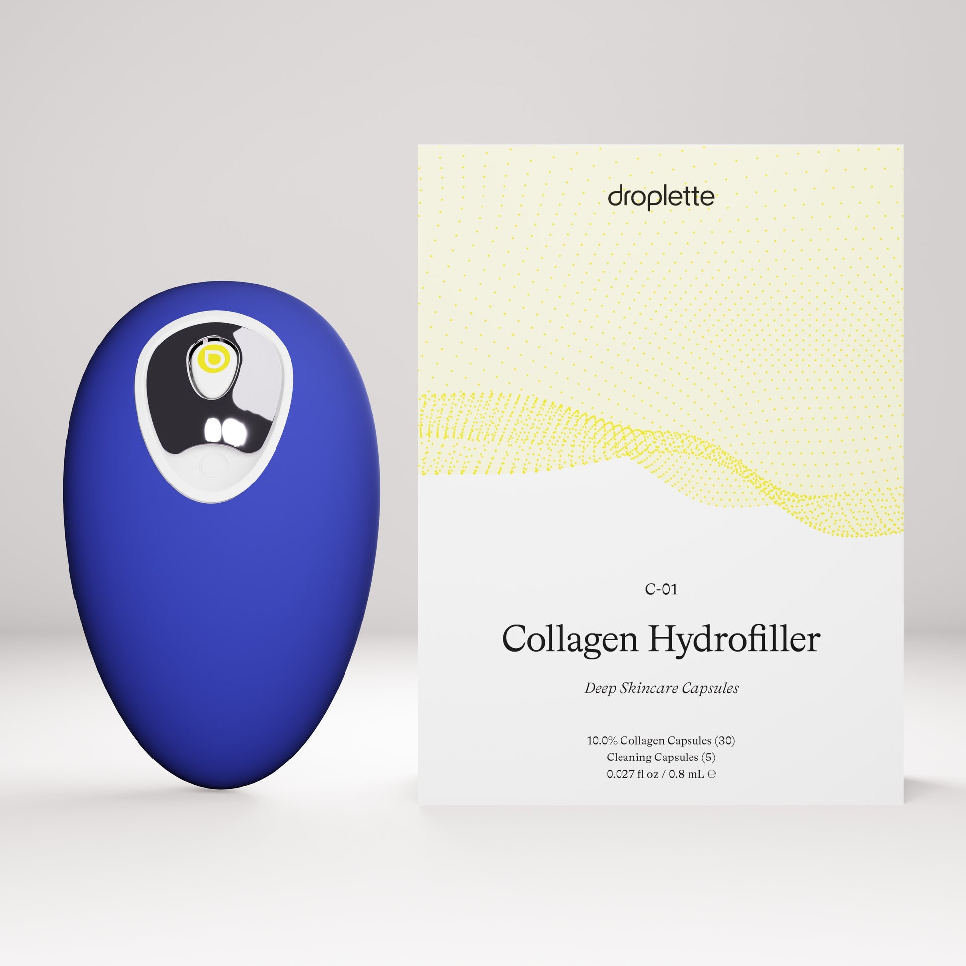 Cobalt Blue Droplette Device sits beside a 30 capsule sized box of Droplette's Collagen Hydrofiller capsules