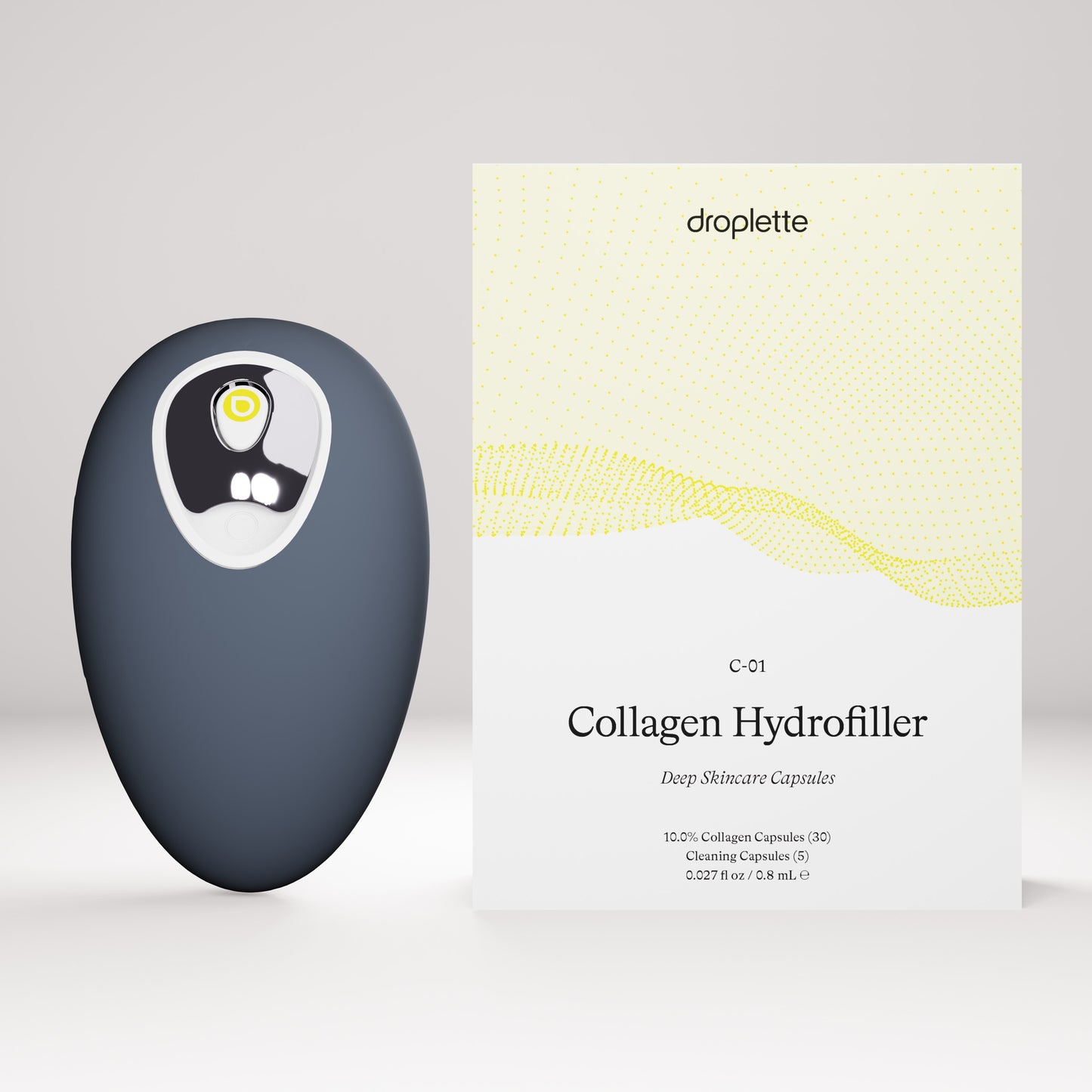 Infinity Grey Droplette Device sits beside a 30 capsule sized box of Droplette's Collagen Hydrofiller capsules