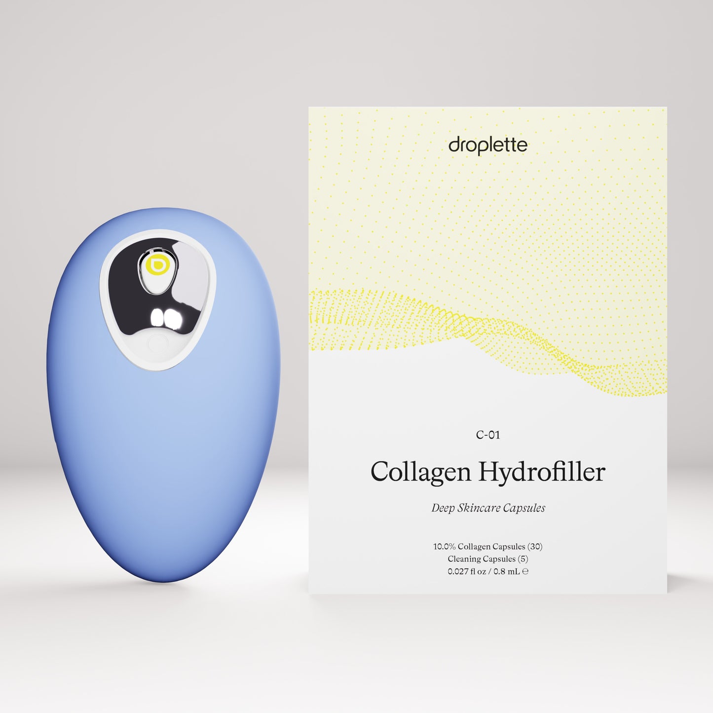 Classic Iris Droplette Device sits beside a 30 capsule sized box of Droplette's Collagen Hydrofiller capsules
