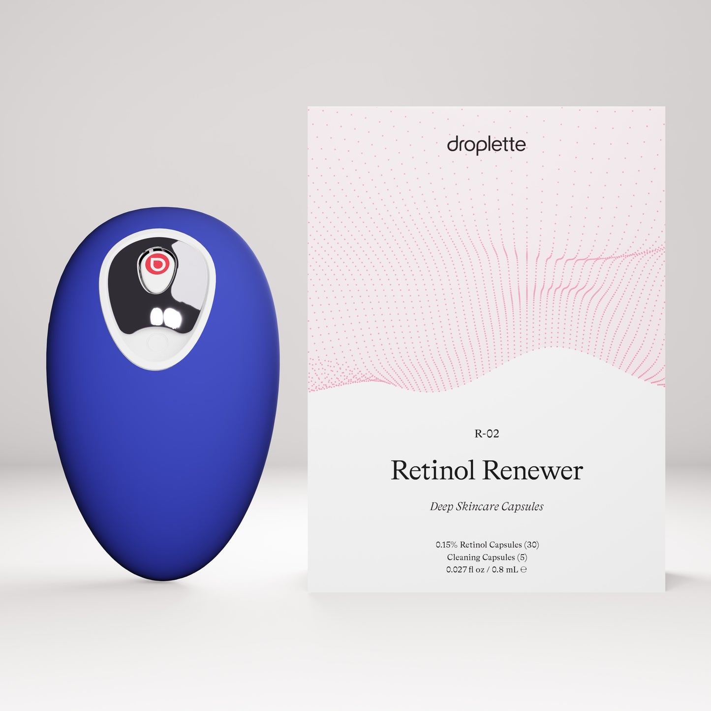 Cobalt Blue Droplette Device sits beside a 30 capsule sized box of Droplette's Retinol Renewer capsules