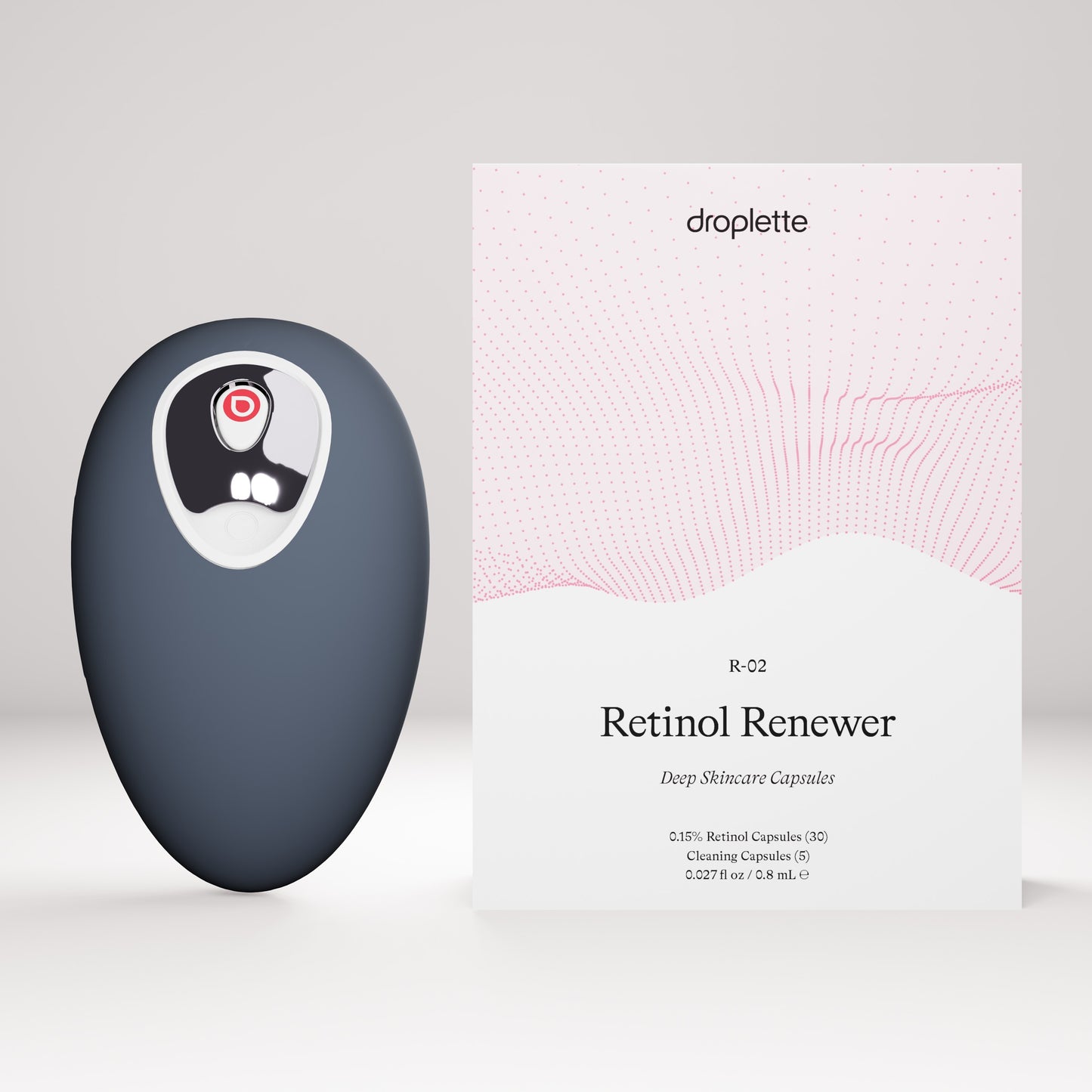 Infinity Grey Droplette Device sits beside a 30 capsule sized box of Droplette's Retinol Renewer capsules