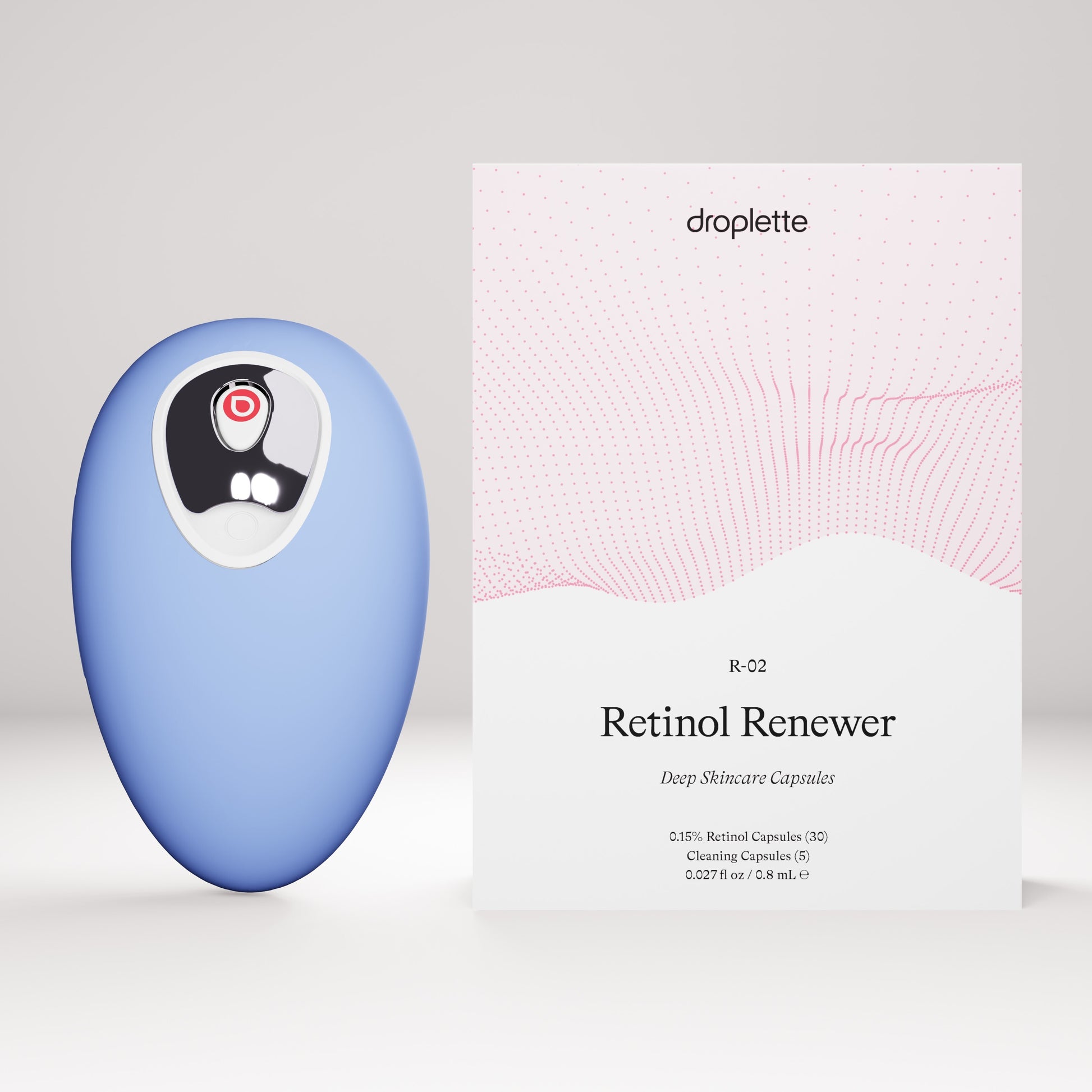 Classic Iris Droplette Device sits beside a 30 capsule sized box of Droplette's Retinol Renewer capsules