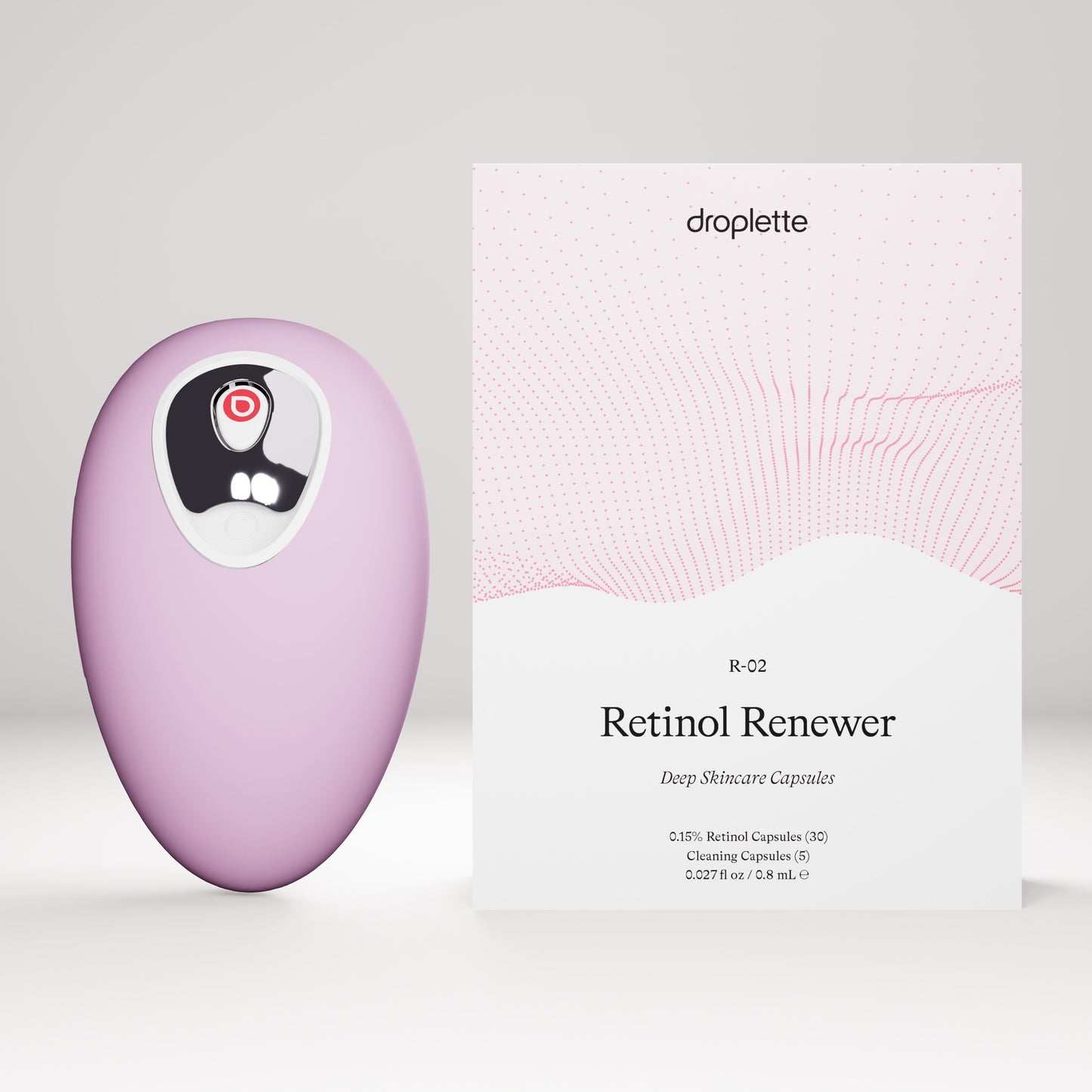 Peony Pink Droplette Device sits beside a 30 capsule sized box of Droplette's Retinol Renewer capsules